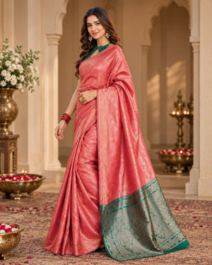 Coral Pink & Teal Woven Saree with Gold Paisley Motifs & Traditional Pallu