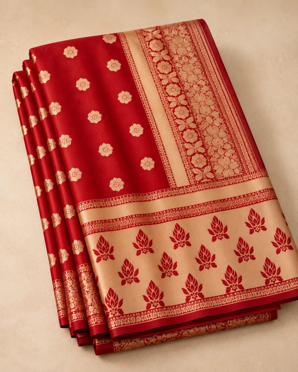 Elegant Red Woven Silk Saree with Intricate Golden Motifs & Rich Traditional Border