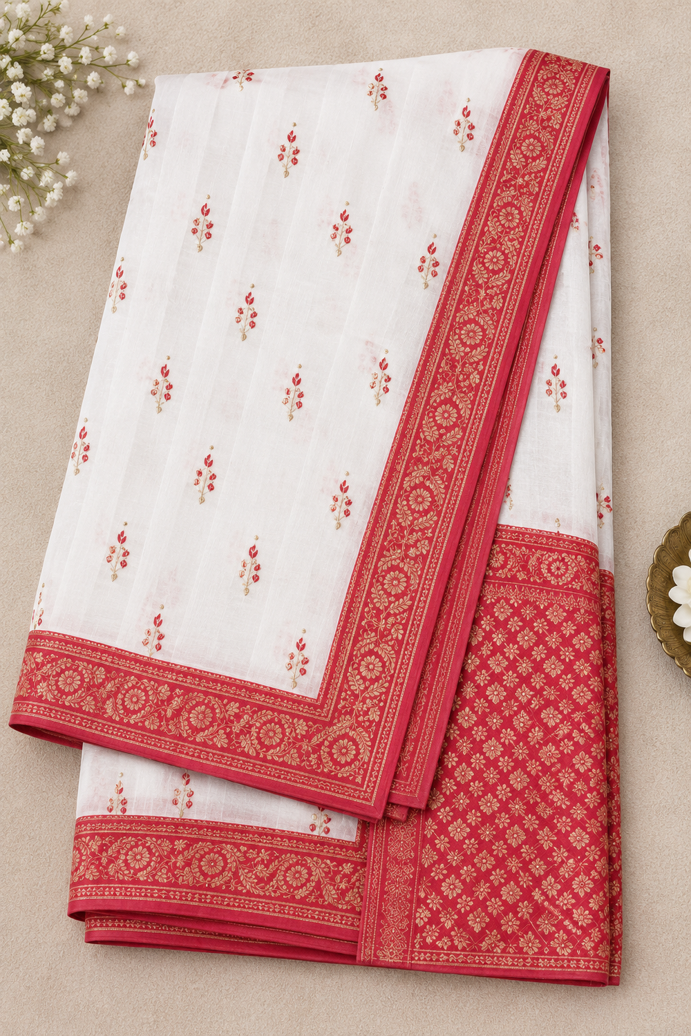 Elegant White & Red Traditional Woven Saree with Intricate Red Border & Designer Pallu