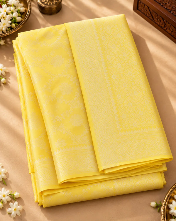 Elegant Yellow Woven Silk Saree with Intricate Tonal Floral & Traditional Motifs
