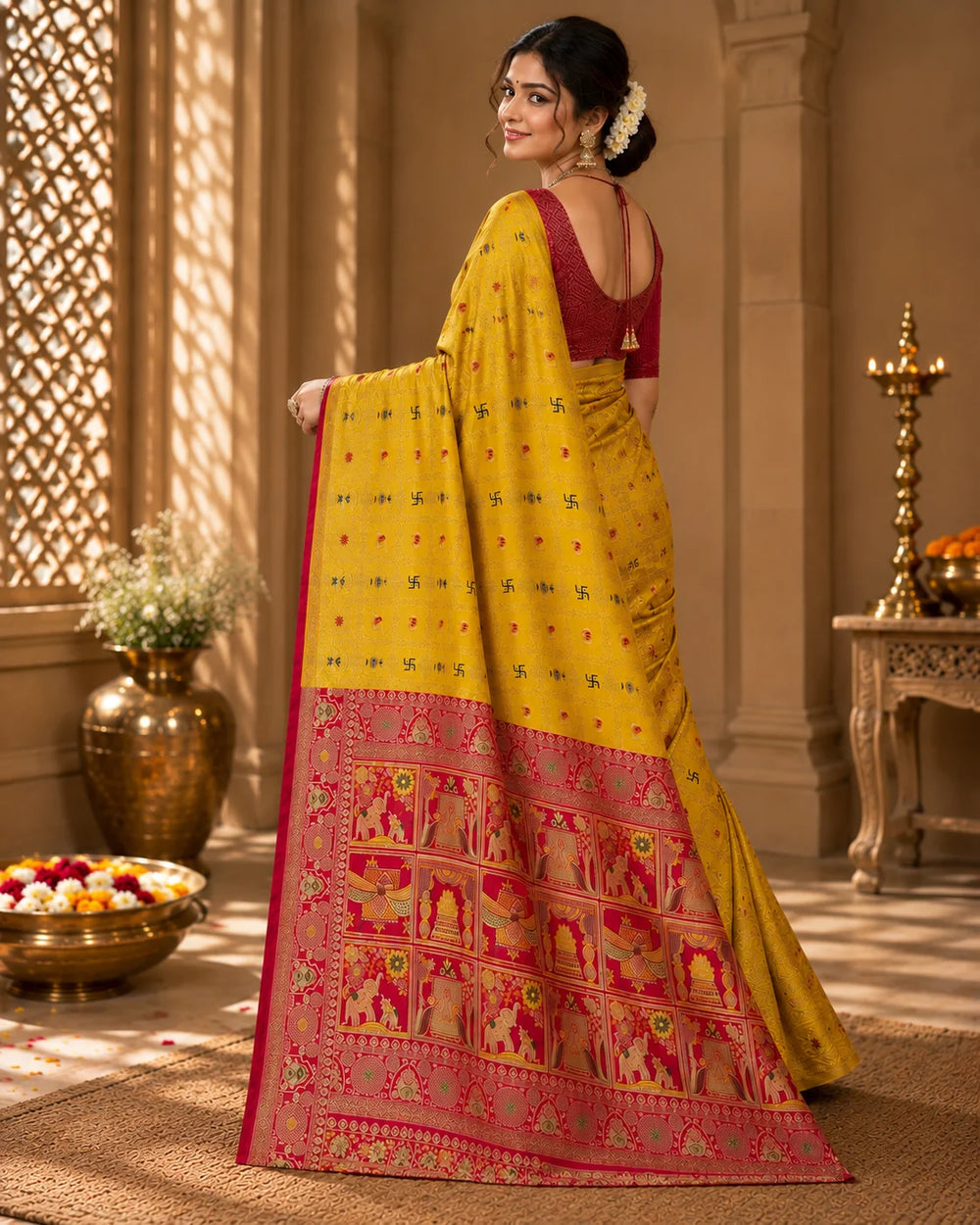 Mustard Yellow Woven Silk Saree with Traditional Motifs & Rich Red Designer Pallu