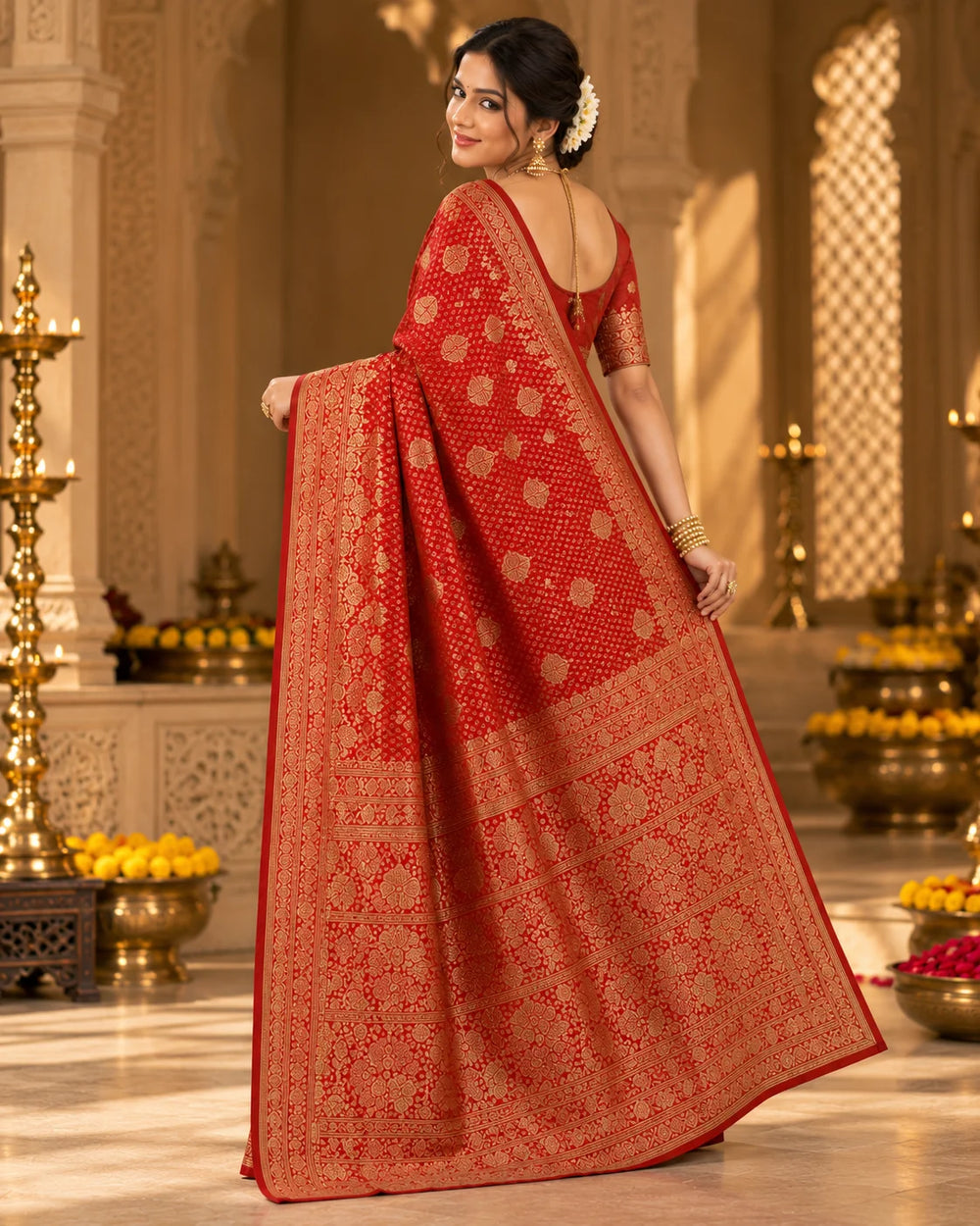 Red Woven Silk Saree with Intricate Floral Motifs & Rich Golden Border