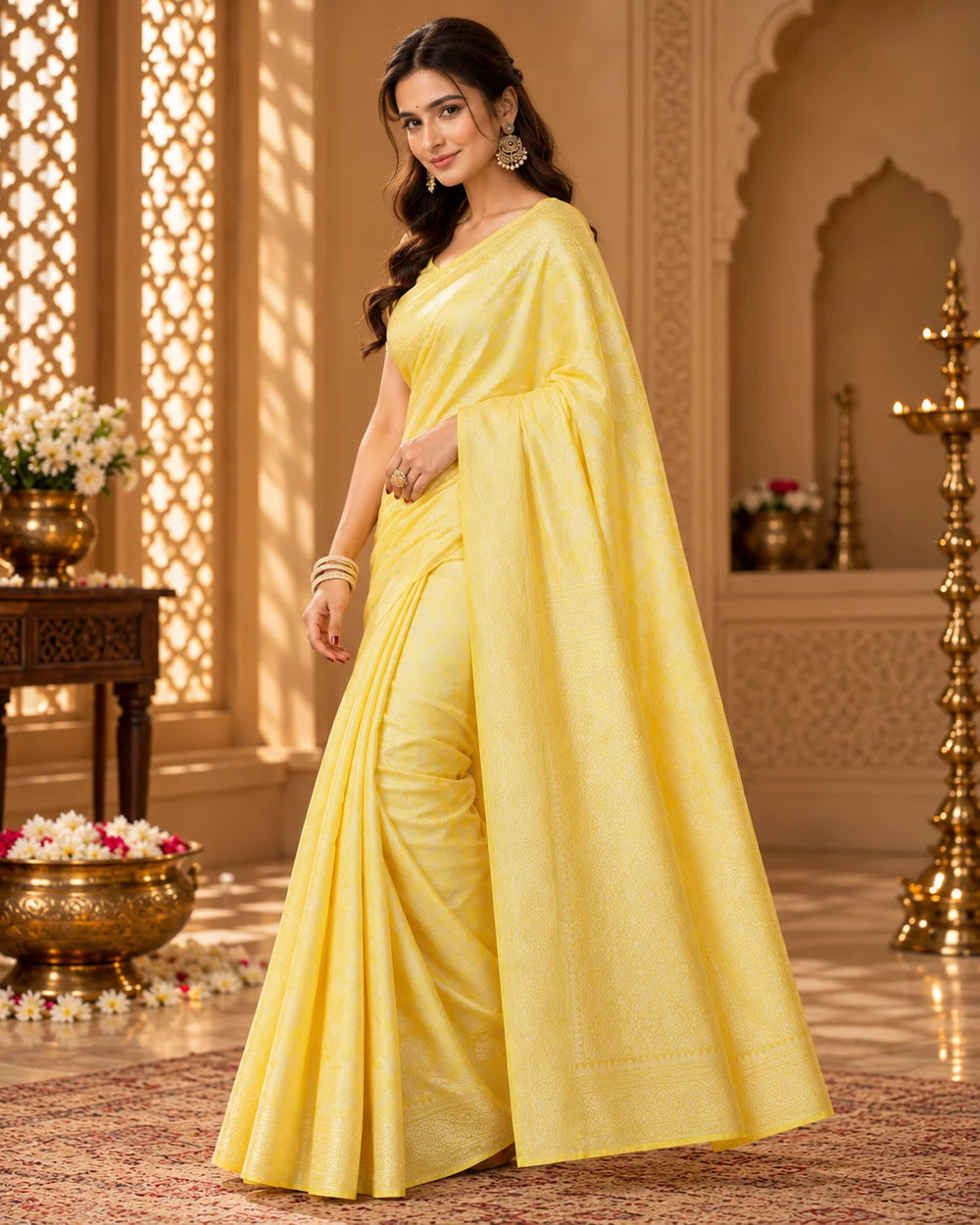Elegant Yellow Woven Silk Saree with Intricate Tonal Floral & Traditional Motifs