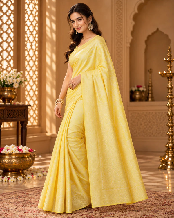 Elegant Yellow Woven Silk Saree with Intricate Tonal Floral & Traditional Motifs