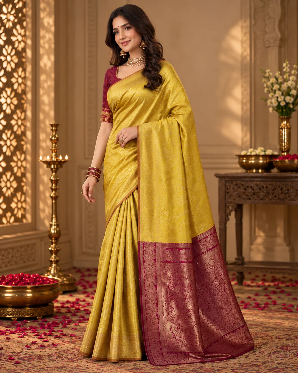 Golden Yellow & Wine Woven Silk Saree with Intricate Floral Motifs