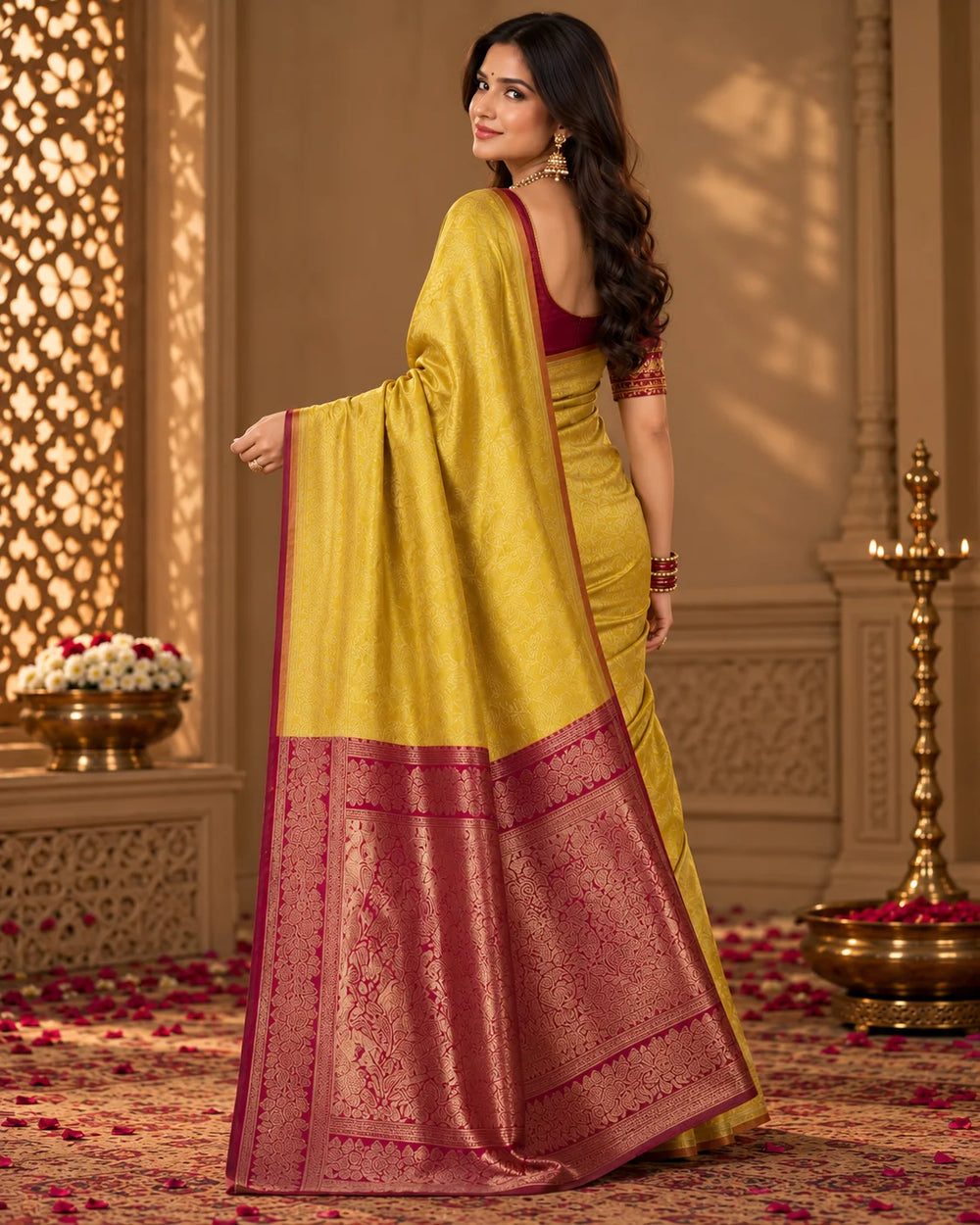 Golden Yellow & Wine Woven Silk Saree with Intricate Floral Motifs