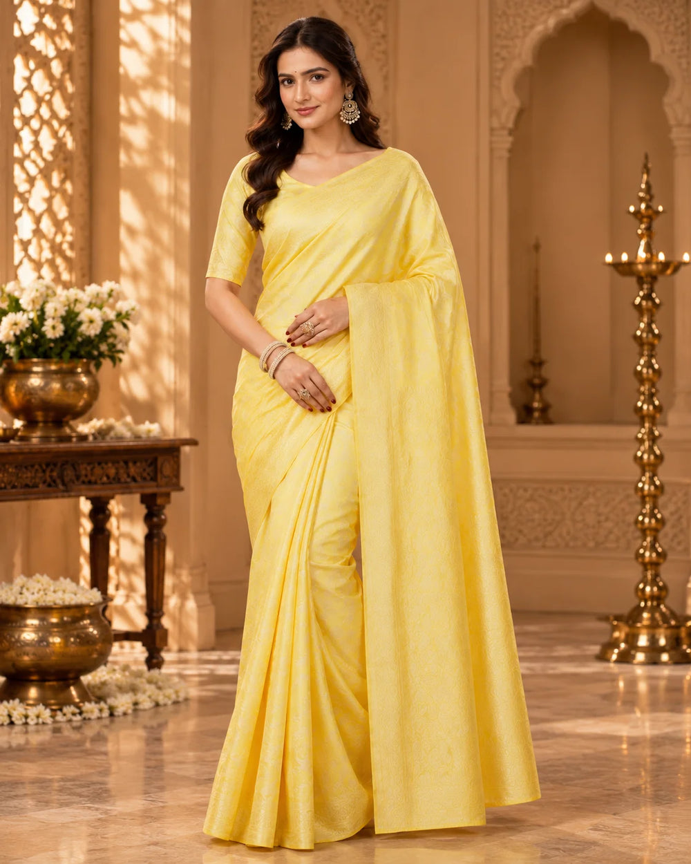 Elegant Yellow Woven Silk Saree with Intricate Tonal Floral & Traditional Motifs