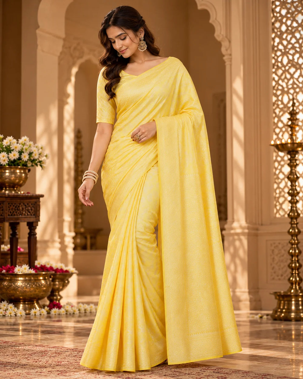 Elegant Yellow Woven Silk Saree with Intricate Tonal Floral & Traditional Motifs