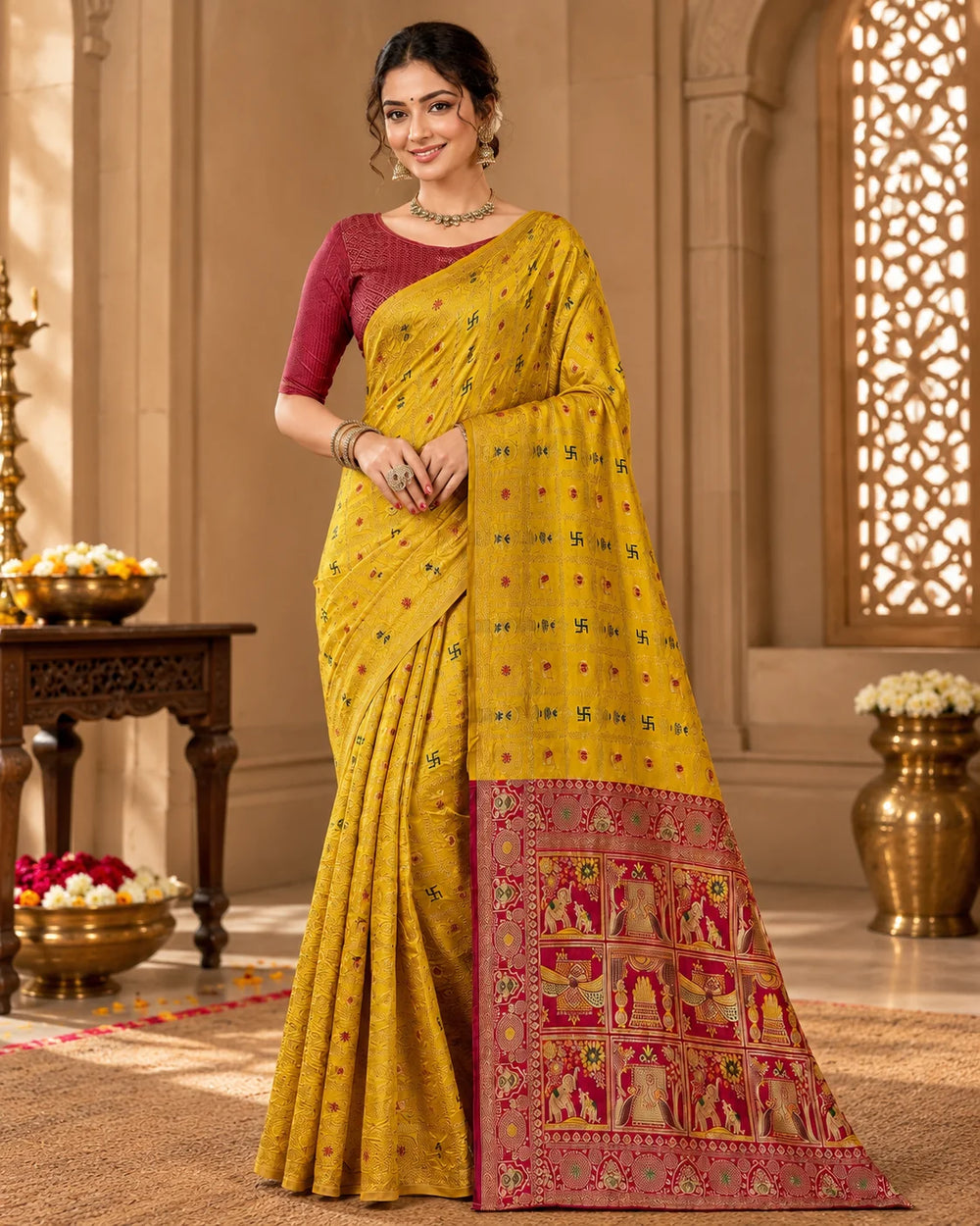 Mustard Yellow Woven Silk Saree with Traditional Motifs & Rich Red Designer Pallu