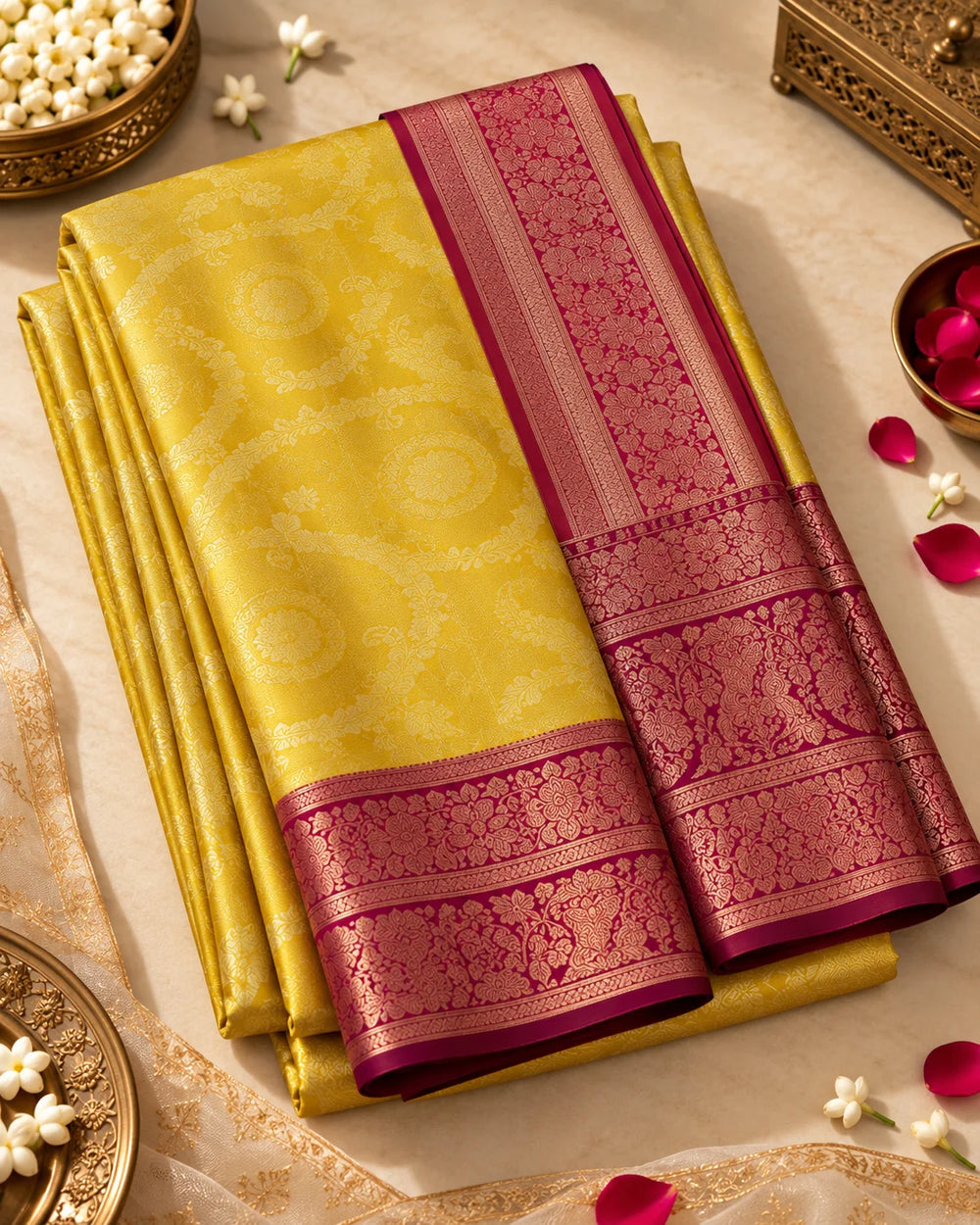 Golden Yellow & Wine Woven Silk Saree with Intricate Floral Motifs