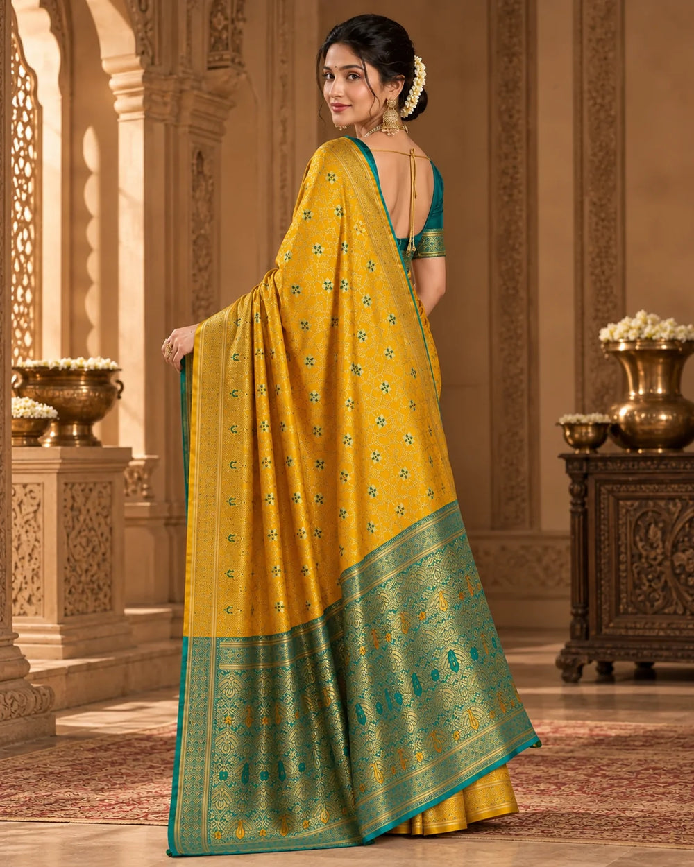 Mustard Gold Banarasi Saree with Teal Woven Pallu & Traditional Floral Motifs