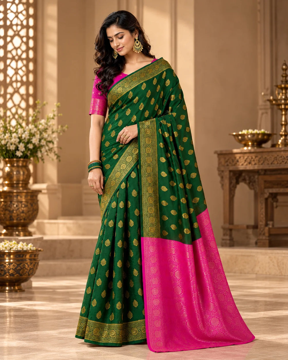Emerald Green & Rani Pink Banarasi Art Silk Saree with Zari Motifs and Designer Pallu