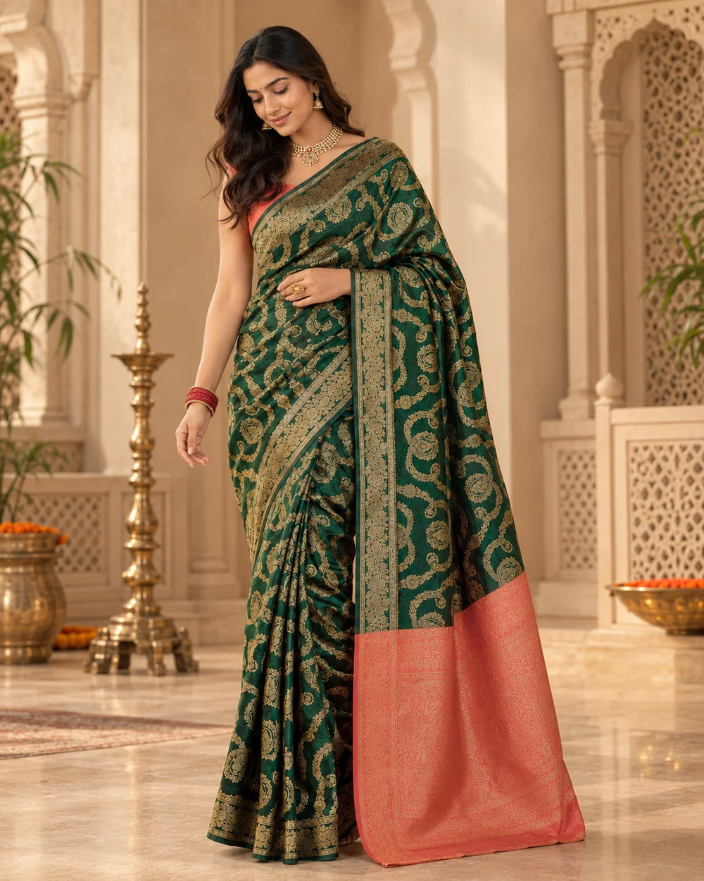 Emerald Green Woven Silk Saree with Intricate Gold Traditional Motifs & Coral Pallu