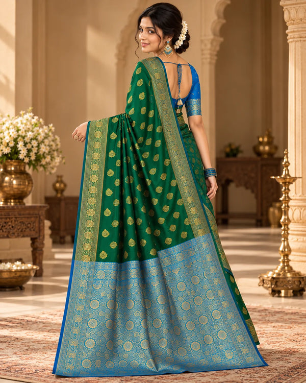 Emerald Green & Sky Blue Banarasi Zari Motif Saree