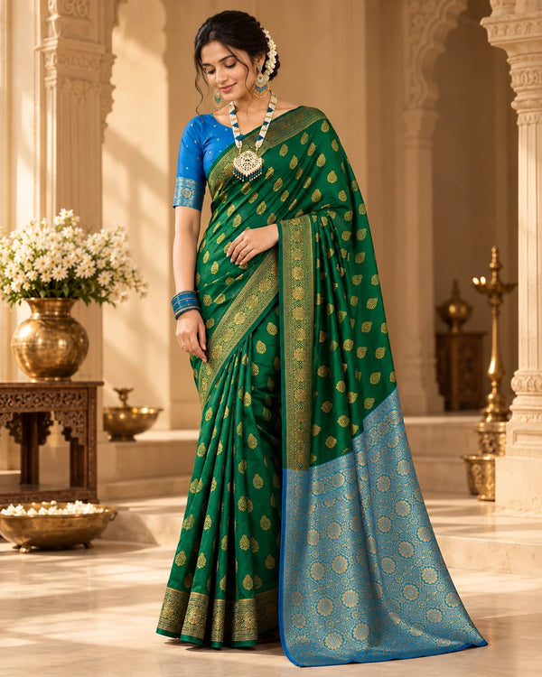 Emerald Green & Sky Blue Banarasi Zari Motif Saree