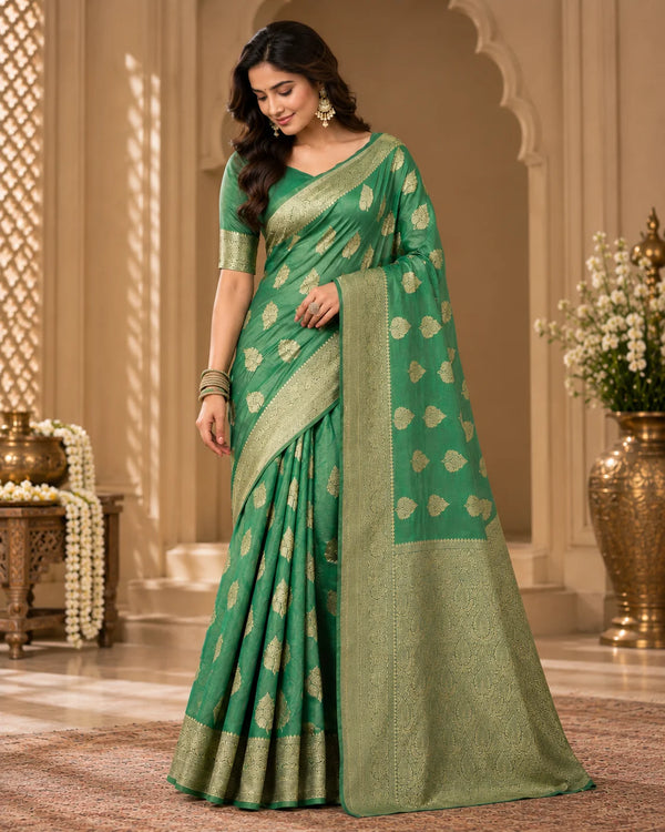 Teal Green Woven Silk Saree with Intricate Gold Motifs & Rich Traditional Border