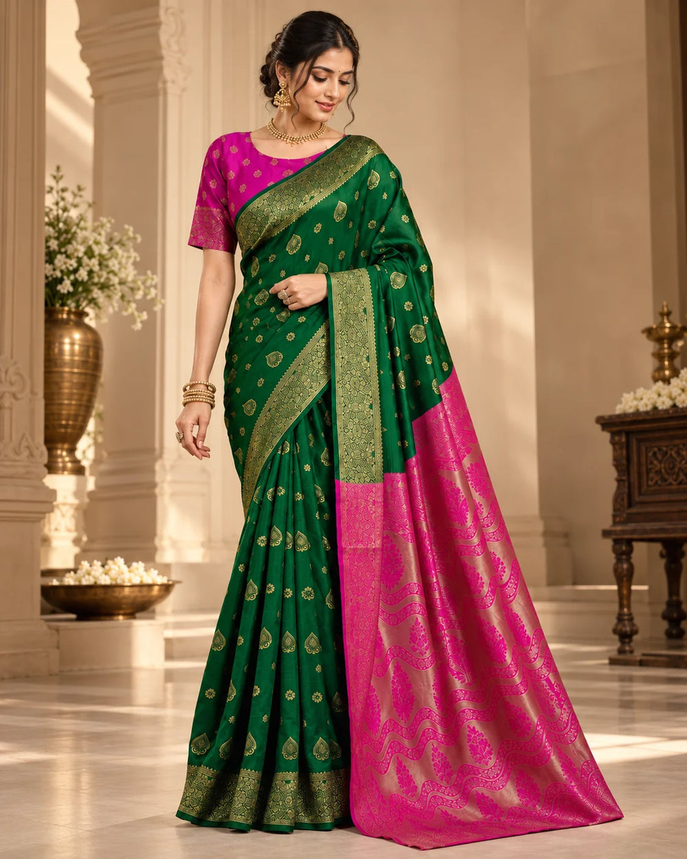 Emerald Green & Rani Pink Banarasi Art Silk Saree with Zari Motifs and Designer Pallu