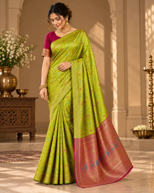 Elegant Green Banarasi Woven Saree with Traditional Floral Motifs & Rich Zari Pallu