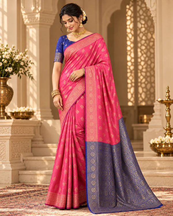 Pink & Royal Blue Banarasi Style Art Silk Saree with Gold Woven Motifs and Rich Contrast Pallu