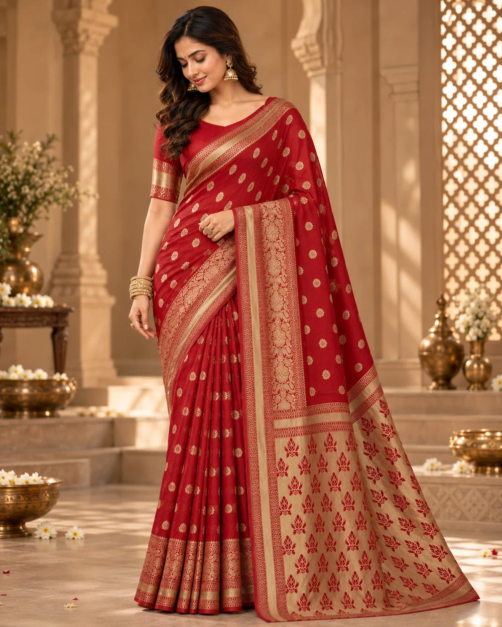 Elegant Red Woven Silk Saree with Intricate Golden Motifs & Rich Traditional Border