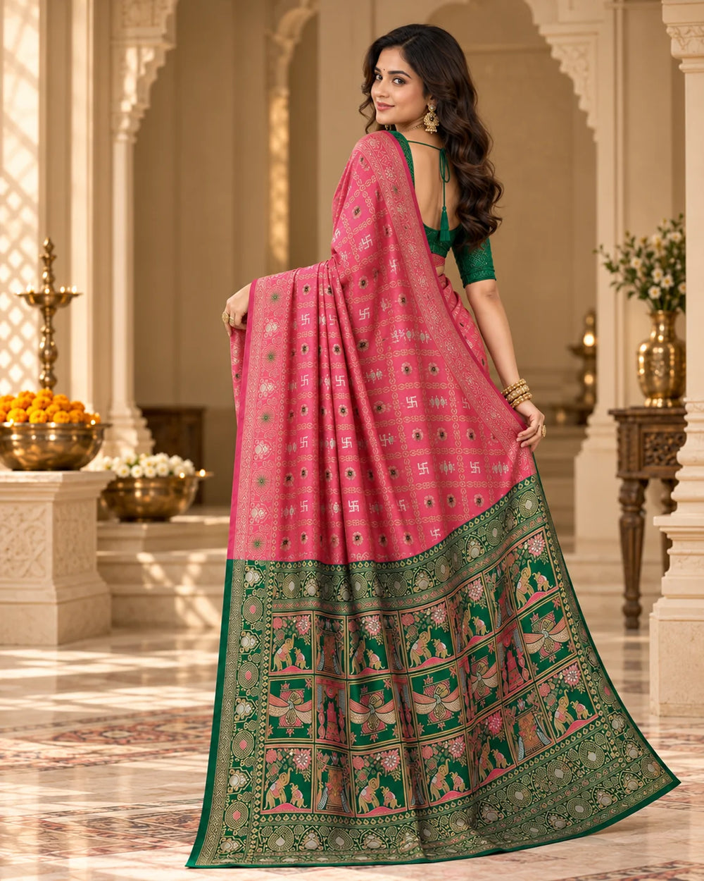 Pink & Green Woven Saree with Traditional Printed Pallu