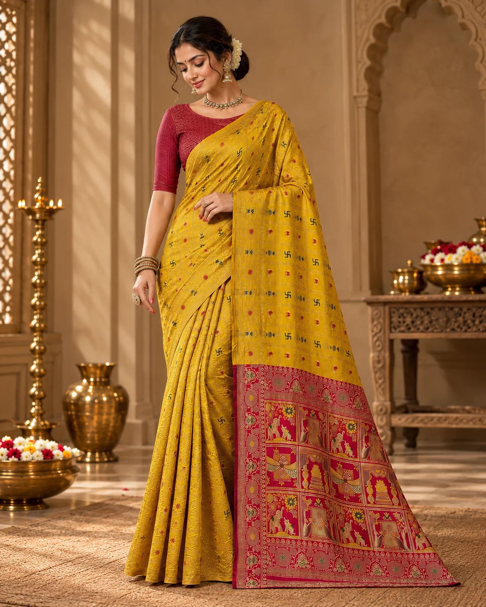 Mustard Yellow Woven Silk Saree with Traditional Motifs & Rich Red Designer Pallu