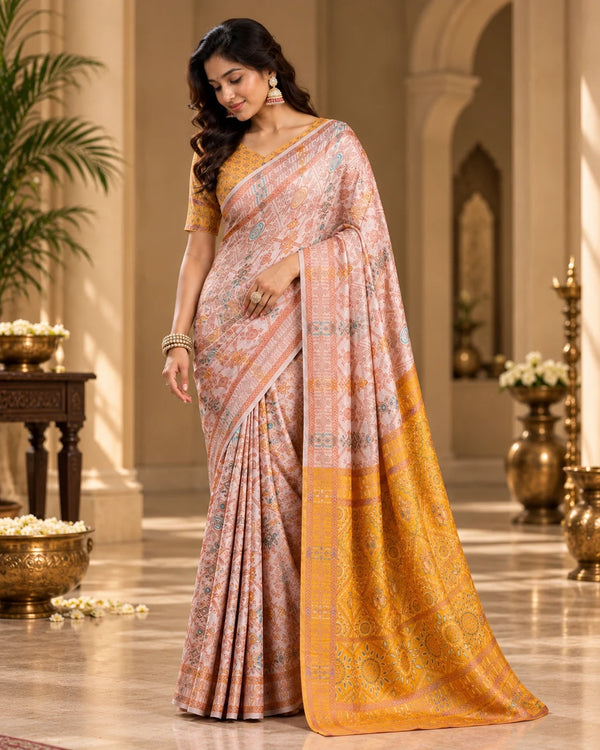 Blush Peach & Mustard Gold Designer Printed Saree