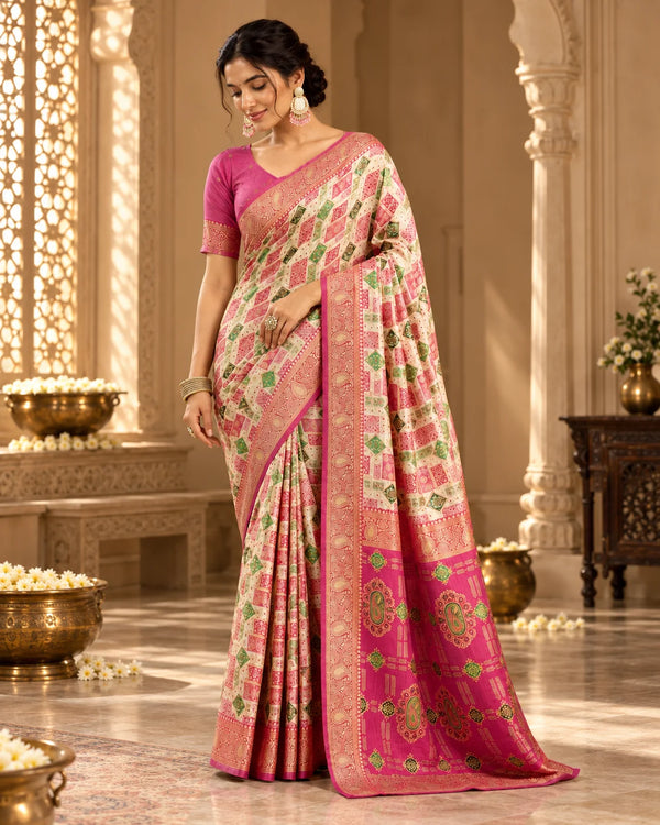 Ivory Cream & Rani Pink Designer Traditional Saree