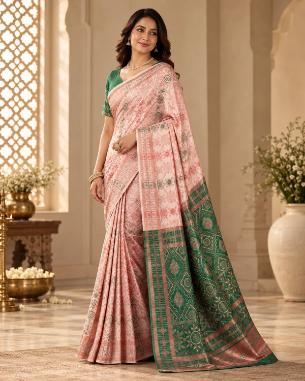 Blush Pink & Emerald Green Designer Traditional Saree