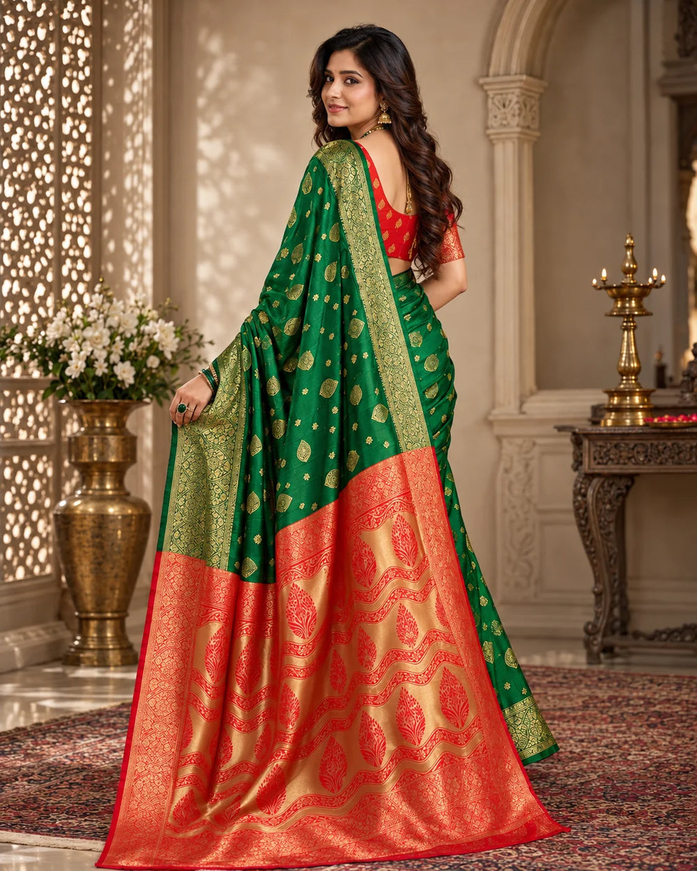 Emerald Green & Red Banarasi Zari Buti Saree