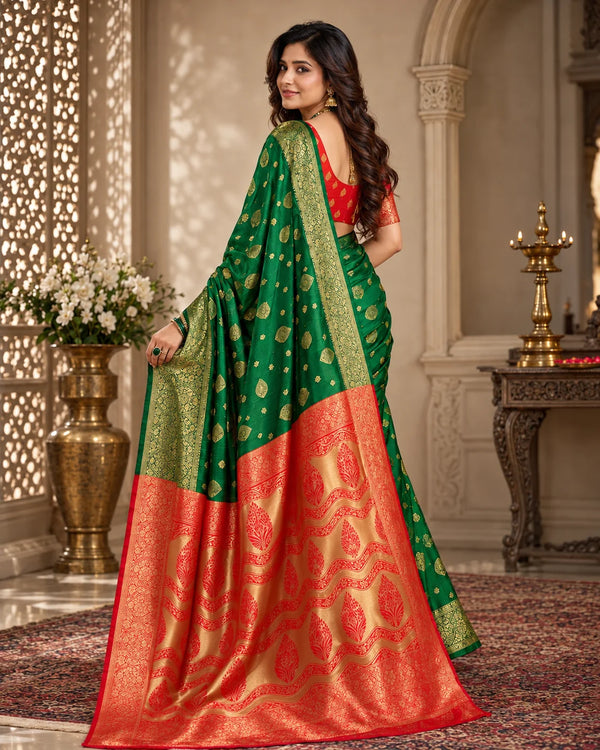 Emerald Green & Red Banarasi Zari Buti Saree
