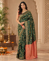 Emerald Green Woven Silk Saree with Intricate Gold Traditional Motifs & Coral Pallu