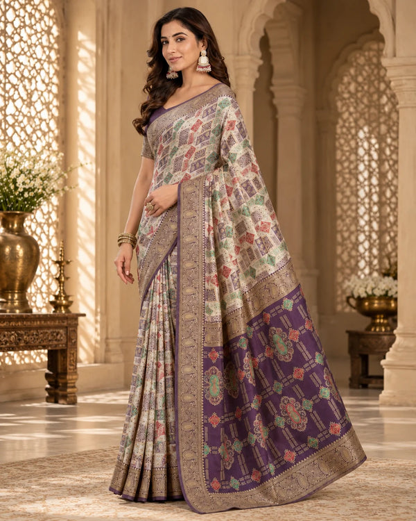 Ivory Cream & Royal Purple Designer Traditional Saree