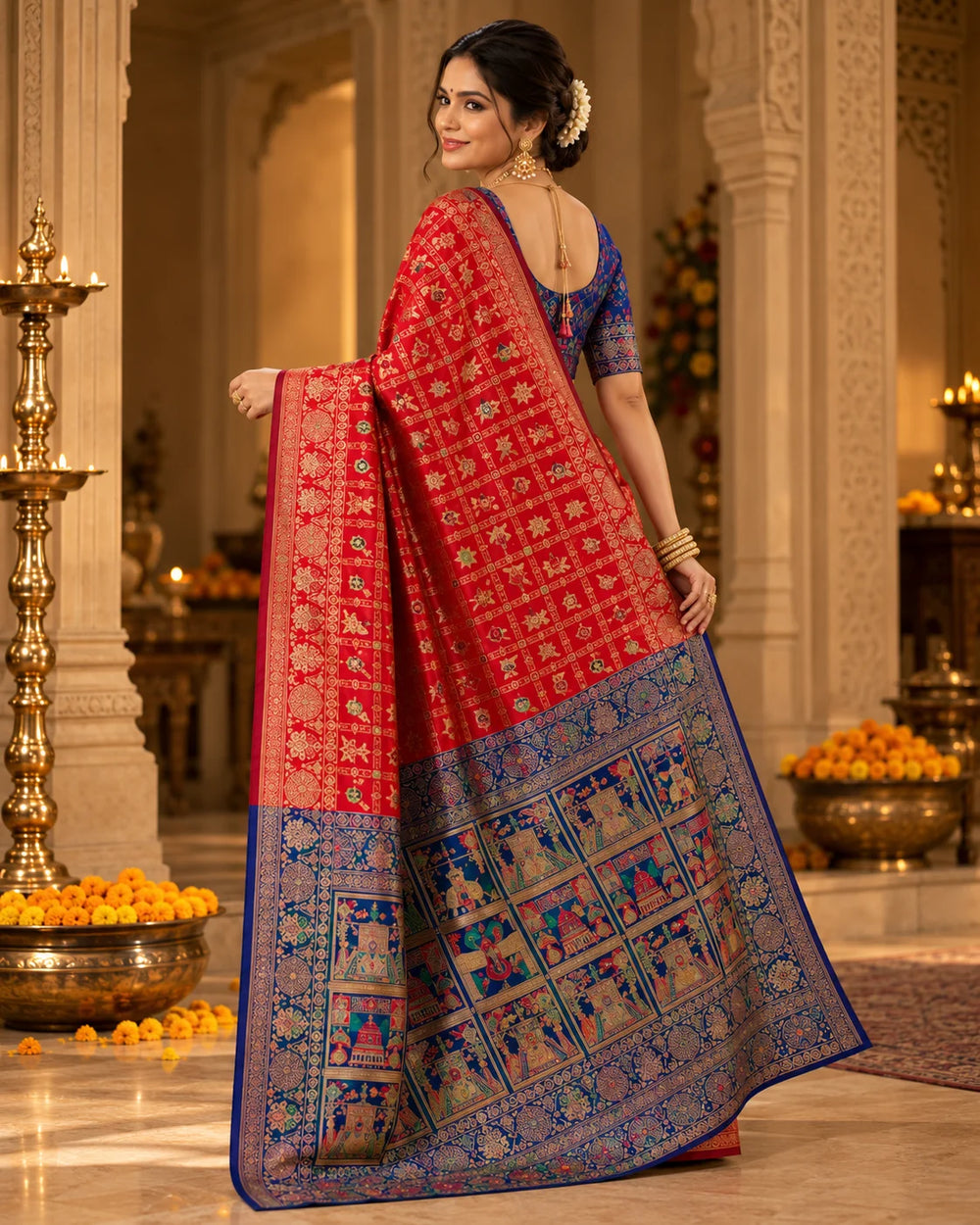 Red Woven Silk Saree with Multicolour Traditional Motifs & Royal Blue Pallu
