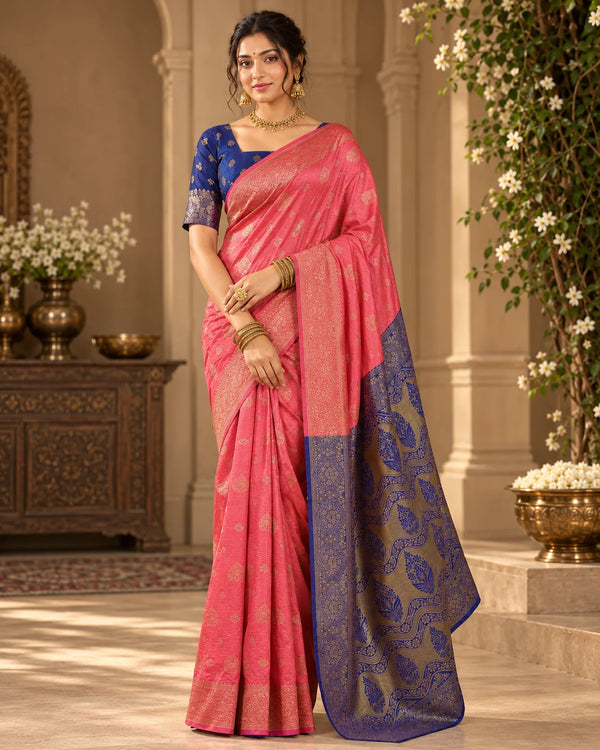 Coral Pink & Royal Blue Banarasi Zari Buti Saree