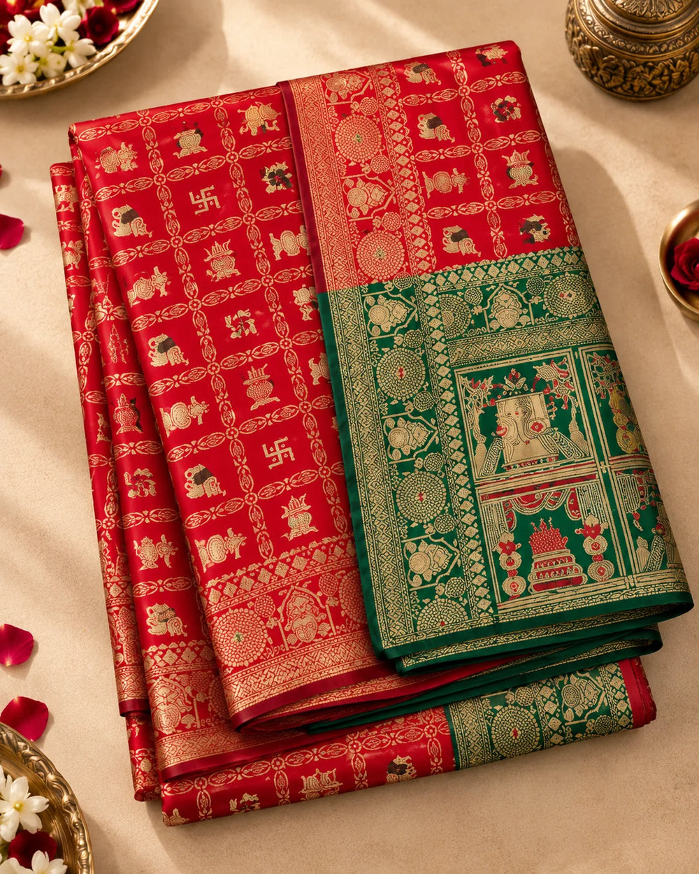 Red Woven Silk Saree with Intricate Traditional Motifs & Green Designer Pallu