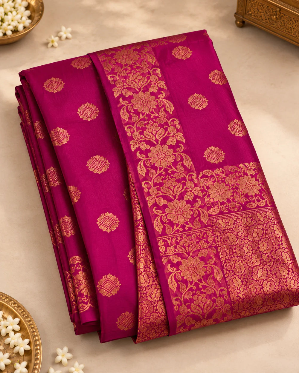 Royal Magenta Banarasi Art Silk Saree with Antique Gold Floral Zari Work