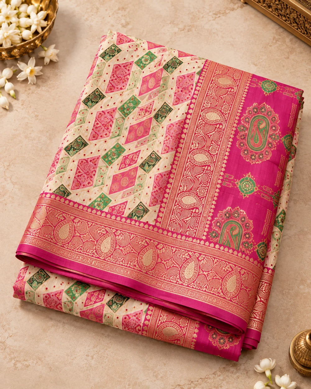 Ivory Cream & Rani Pink Designer Traditional Saree