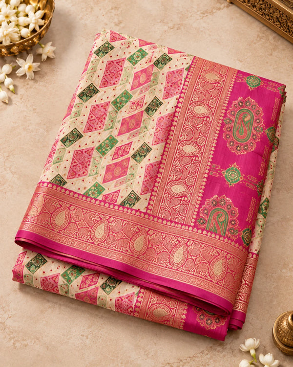 Ivory Cream & Rani Pink Designer Traditional Saree