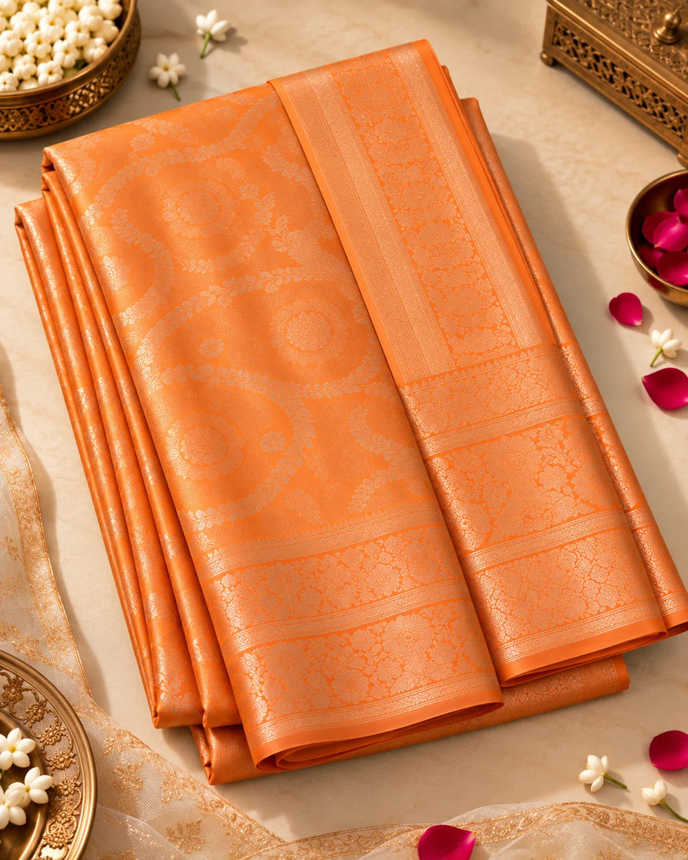 Vibrant Orange Woven Silk Saree with Intricate Floral & Traditional Motifs
