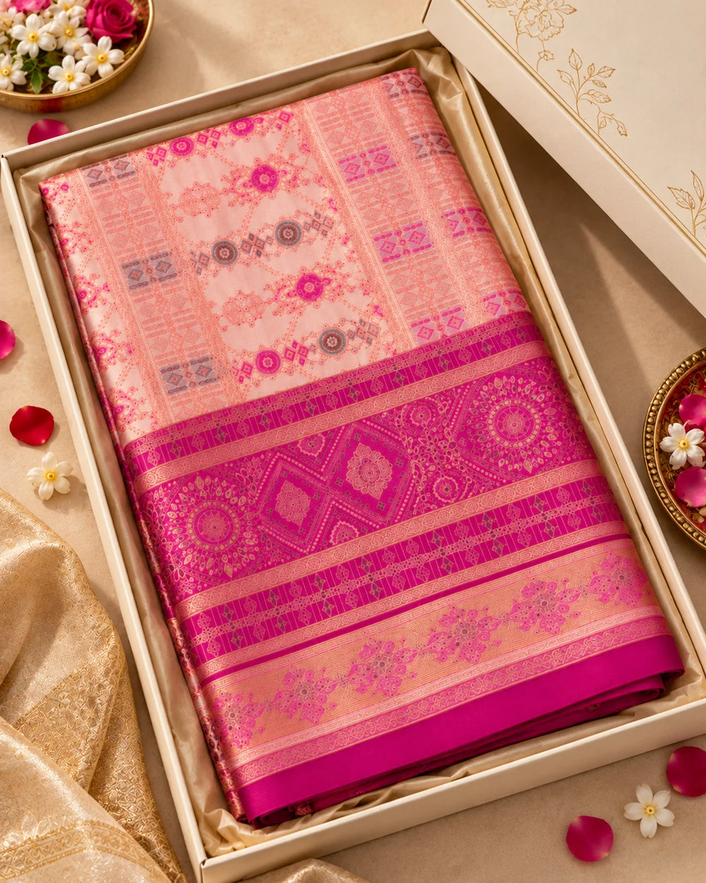 Blush Peach & Rani Pink Designer Traditional Saree