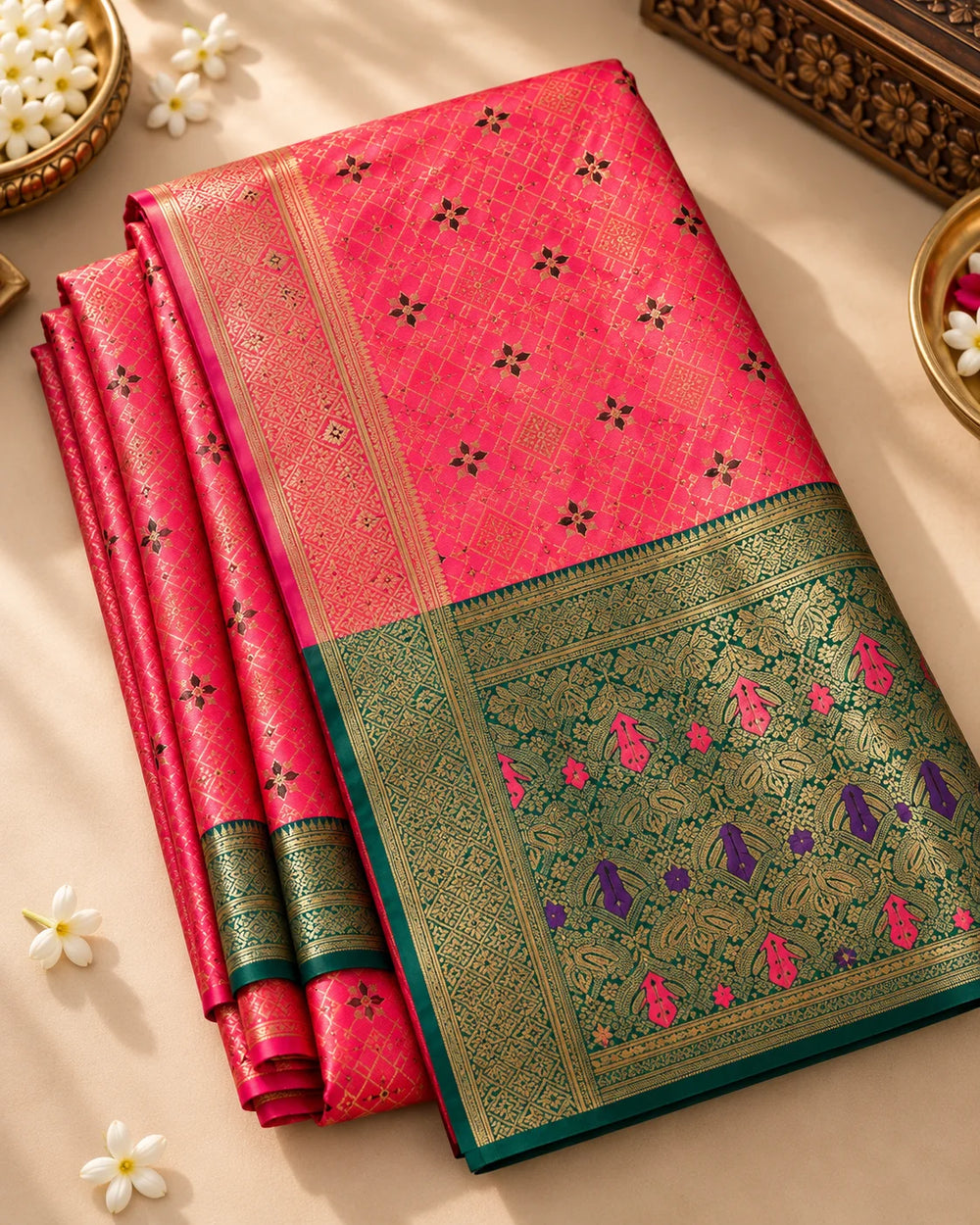 Elegant Pink Banarasi Saree with Green Gold Pallu & Traditional Woven Motifs