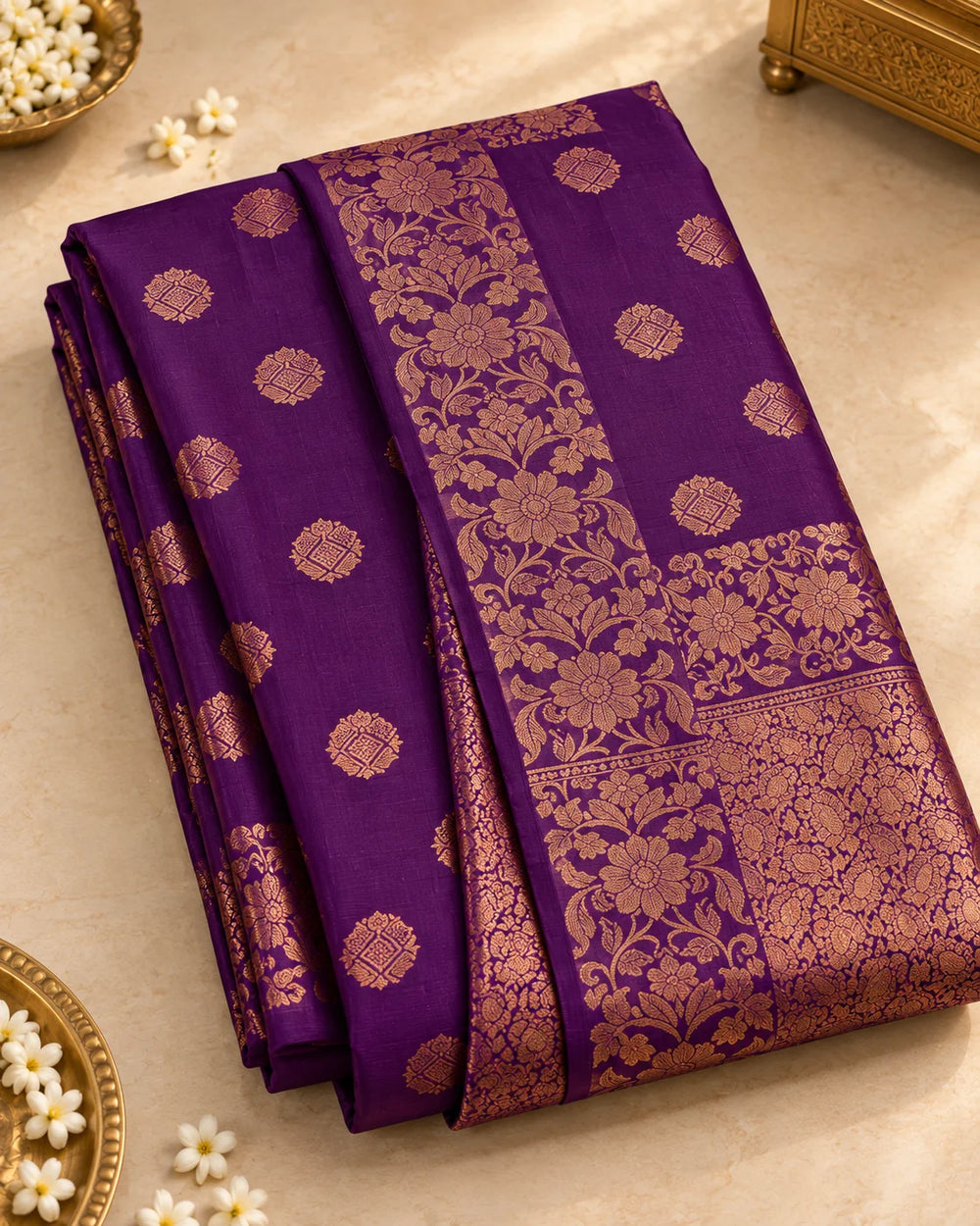 Royal Purple Art Silk Saree with Antique Gold Floral Zari Border & Designer Pallu