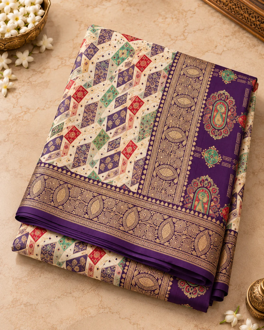 Ivory Cream & Royal Purple Designer Traditional Saree