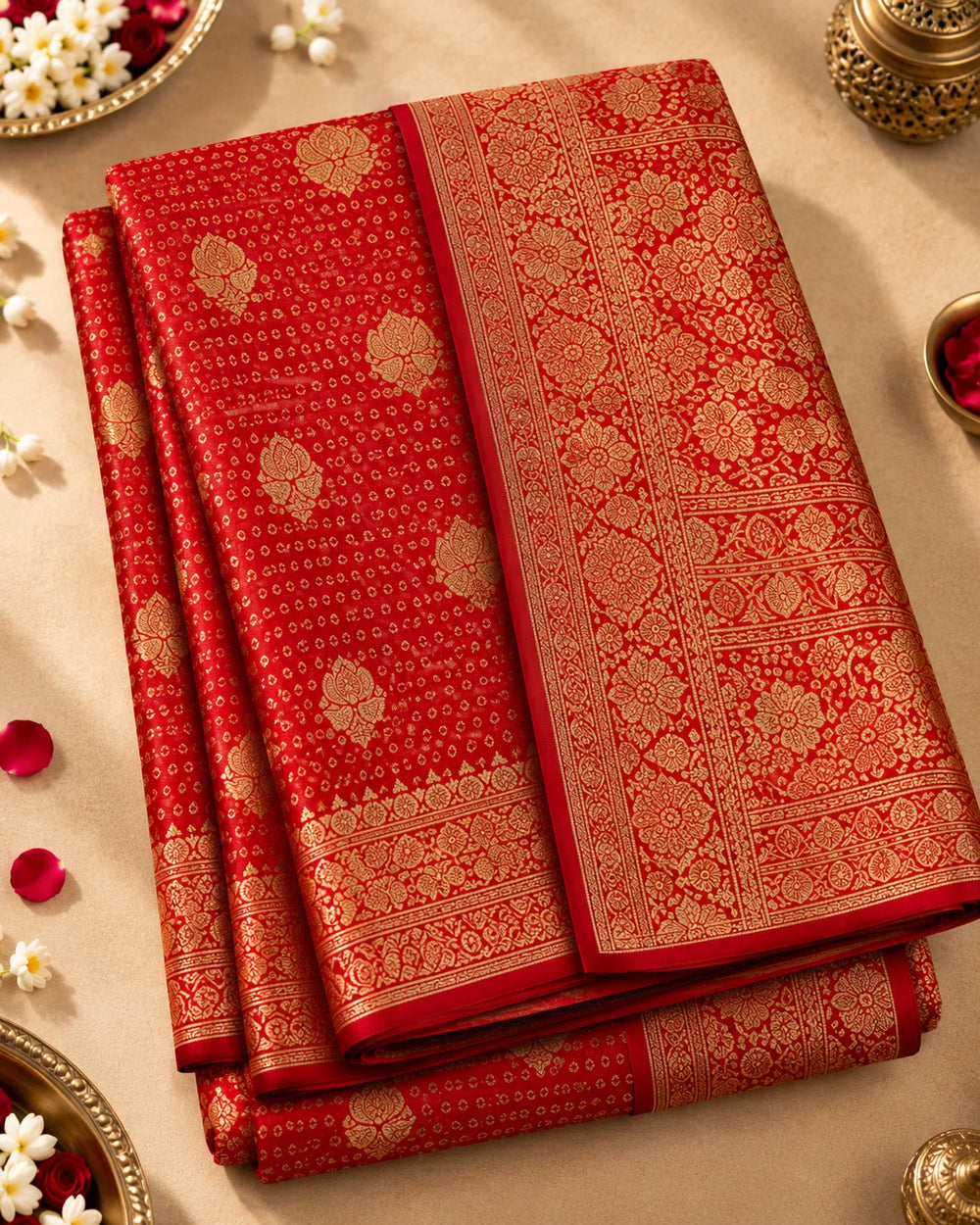 Red Woven Silk Saree with Intricate Floral Motifs & Rich Golden Border