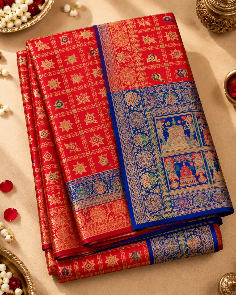 Red Woven Silk Saree with Multicolour Traditional Motifs & Royal Blue Pallu