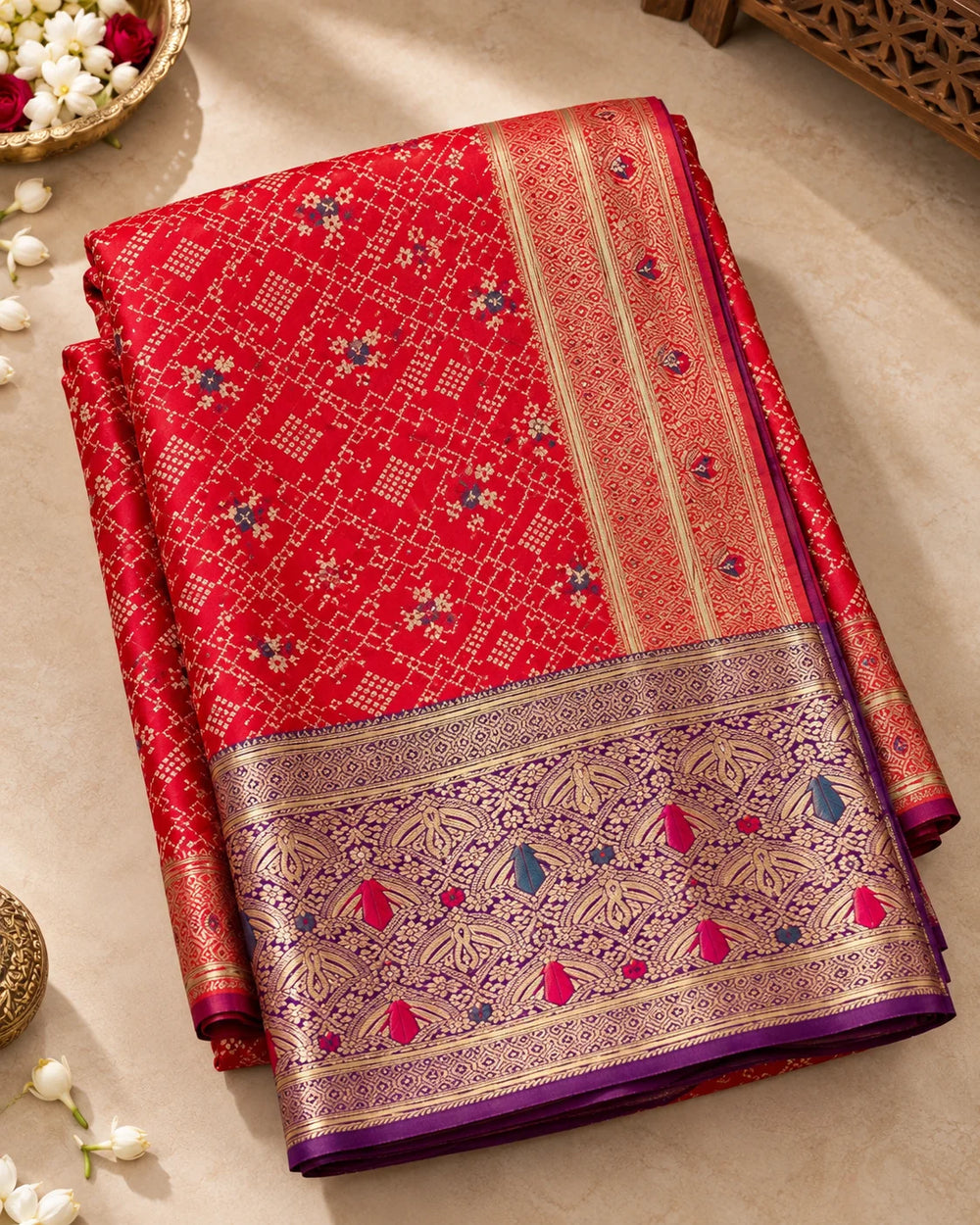 Elegant Red Banarasi Saree with Purple Border, Traditional Motifs & Rich Woven Pallu