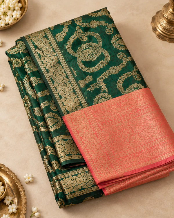 Emerald Green Woven Silk Saree with Intricate Gold Traditional Motifs & Coral Pallu