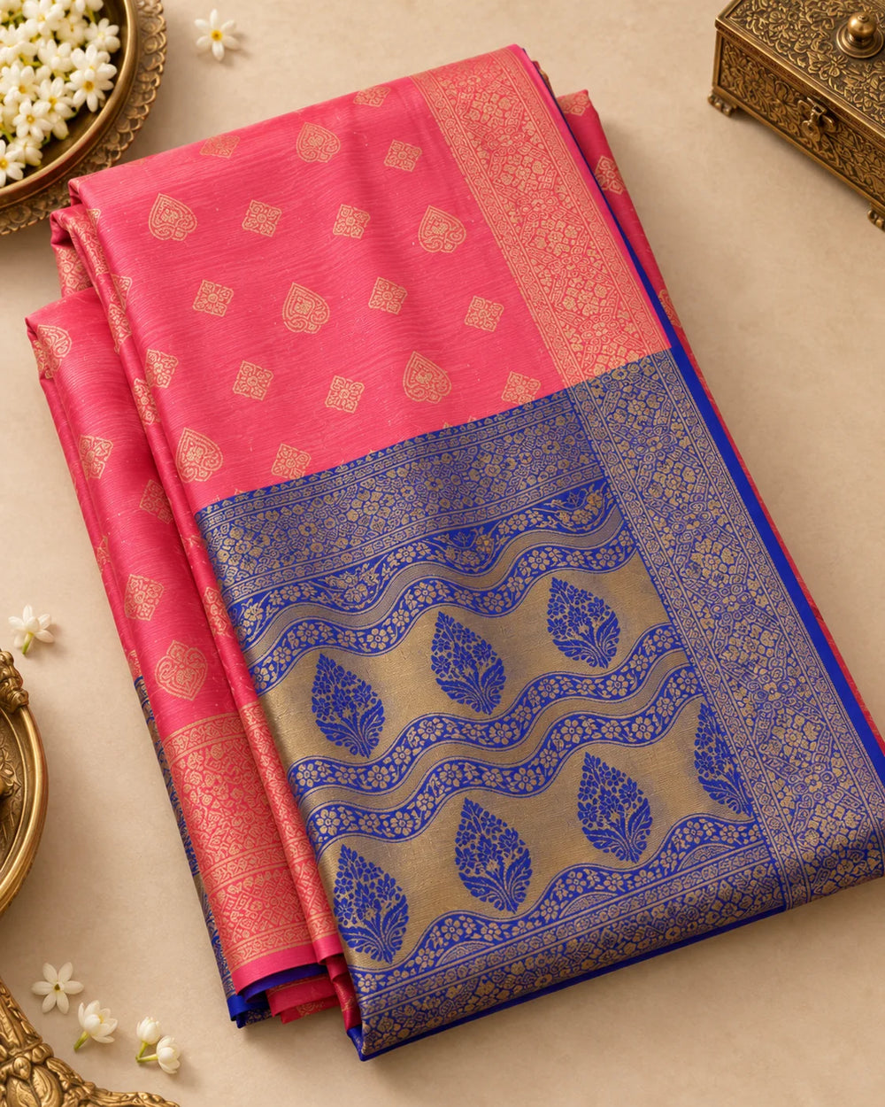 Coral Pink & Royal Blue Banarasi Zari Buti Saree