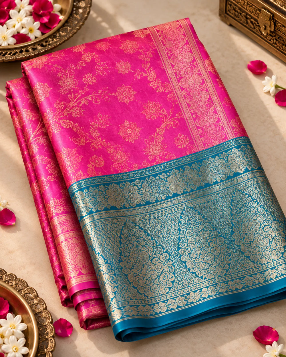 Fuchsia Pink & Teal Woven Silk Saree with Gold Floral Motifs & Traditional Pallu